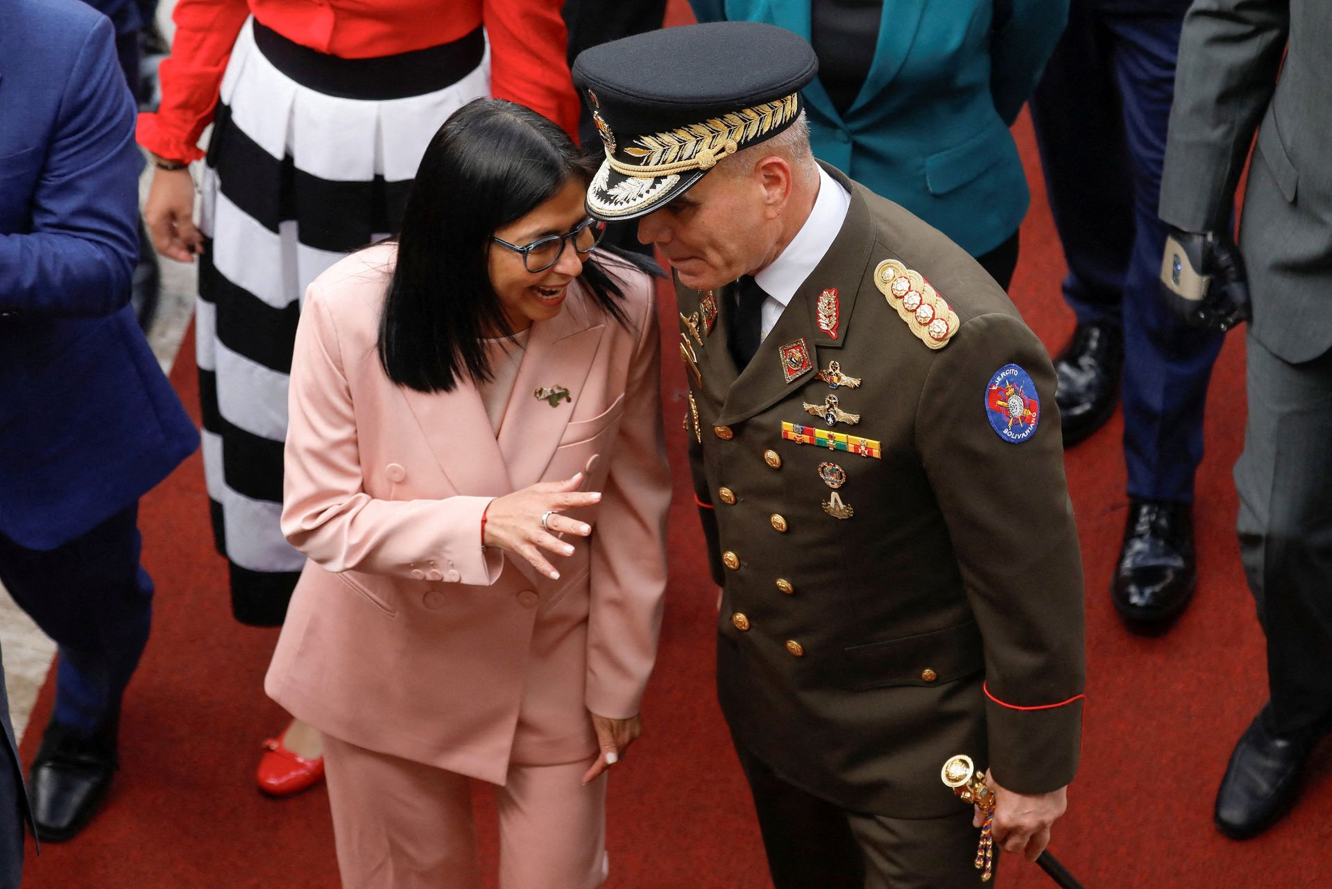 Venezuelan Vice President Delcy Rodríguez, speaking here in December 2025 with Defense Minister Vladimir Padrino, could possibly succeed Maduro. 