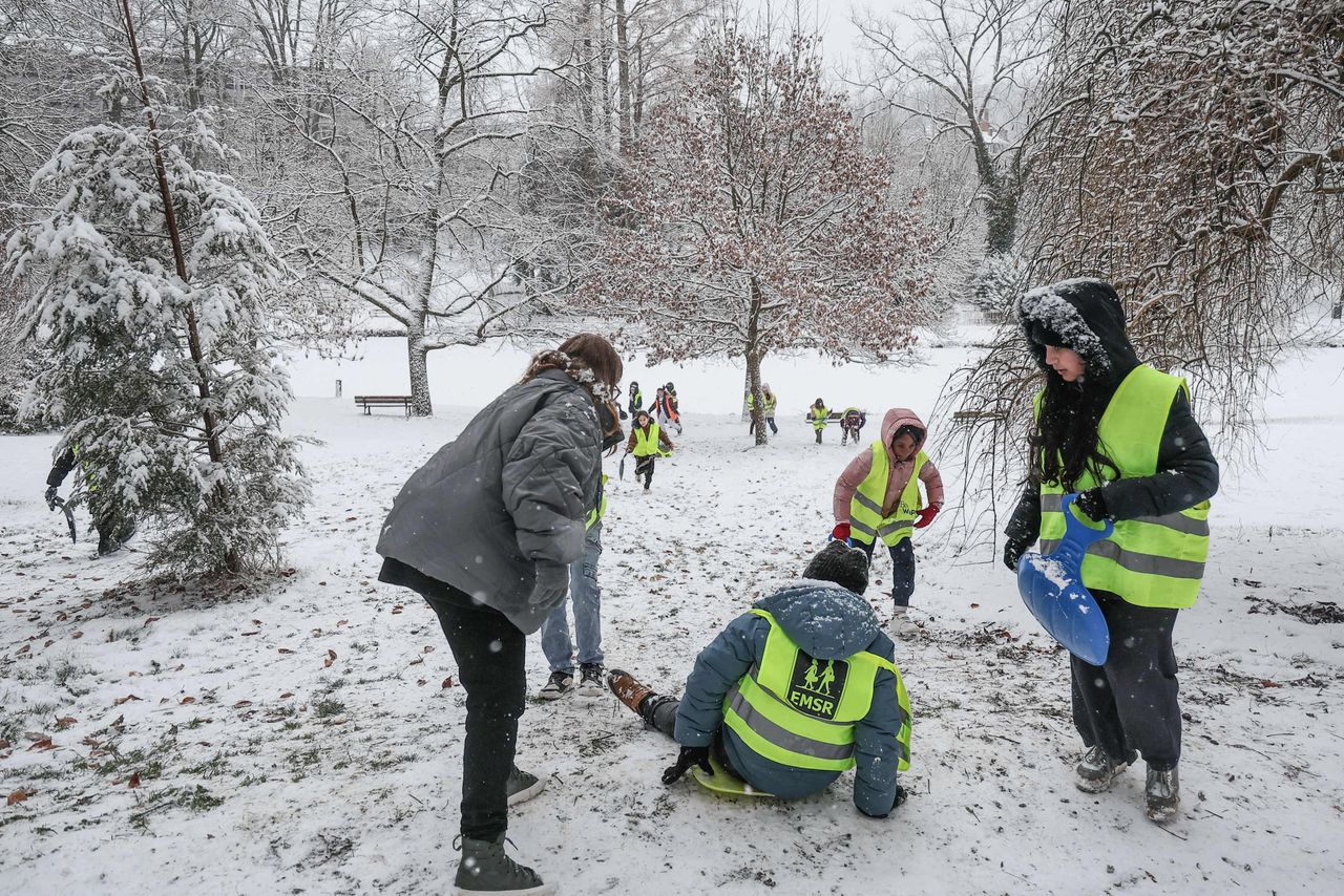 Children in Namur, Belgium, play in the snow on January 5.