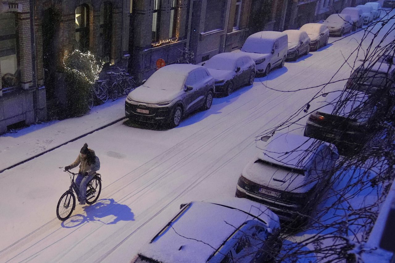 A cyclist rides through Antwerp.