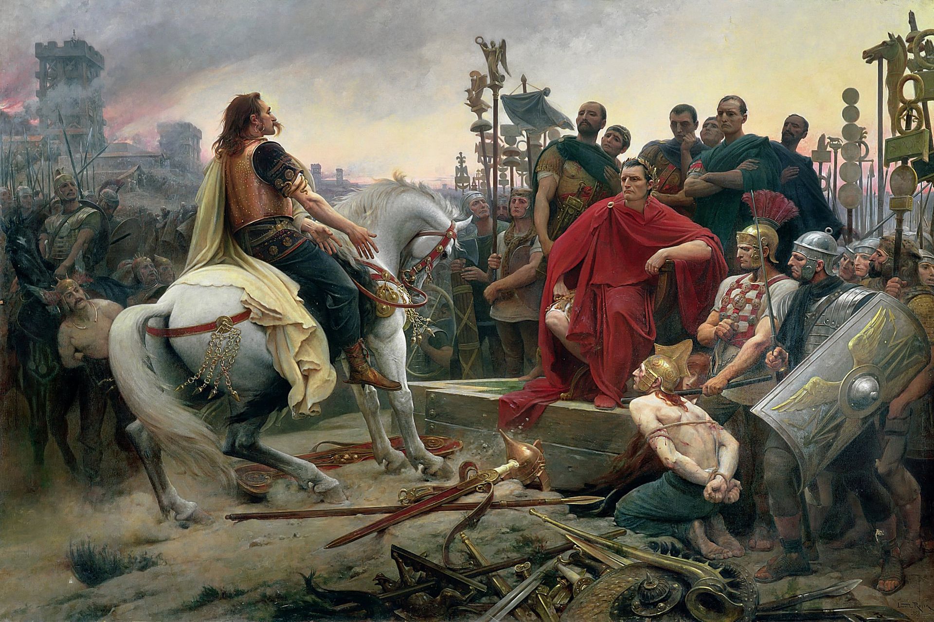 In the 19th century, the French turned Vercingetorix's defeat by Caesar into a national heroic epic. Lionel Royer, Vercingetorix jette ses armes aux pieds de Jules César, 1899.