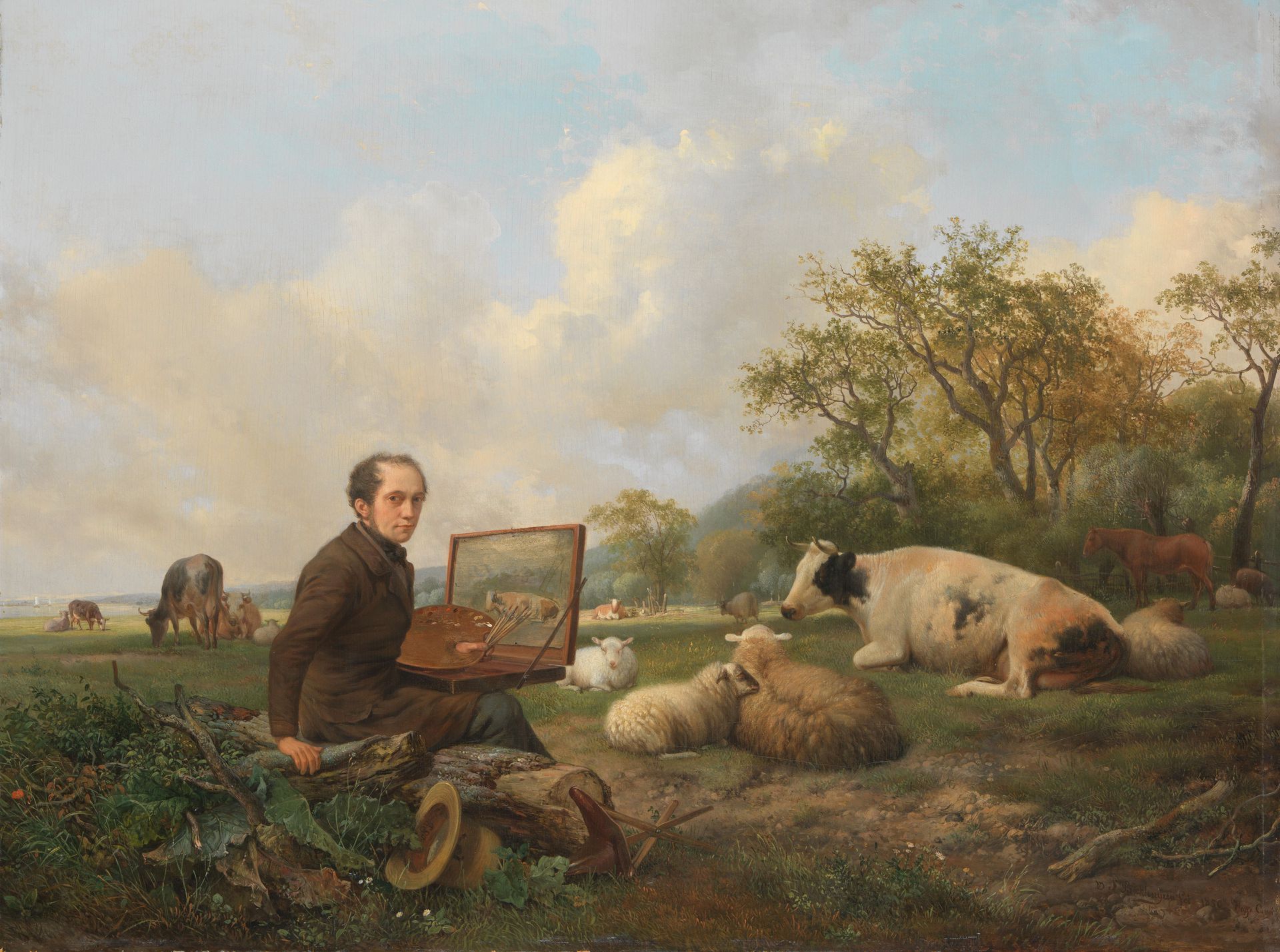 Hendrikus van de Sande Bakhuyzen: Self-portrait painting in a meadow landscape with cattle, 1850.