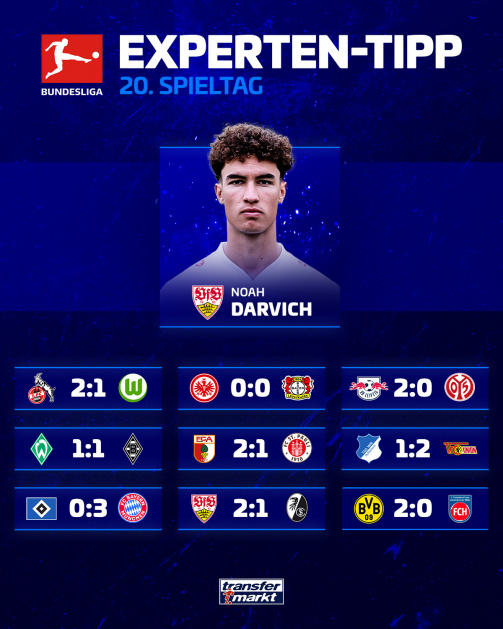Expert tip Noah Darvich: This is how the Stuttgart player predicts the 20th Bundesliga matchday 2025/26