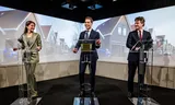 Dilan Yesilgöz (VVD), Rob Jetten (D66) and Henri Bontenbal (CDA) during the presentation of the coalition agreement 'Getting started', in the Nieuwspoort press center.