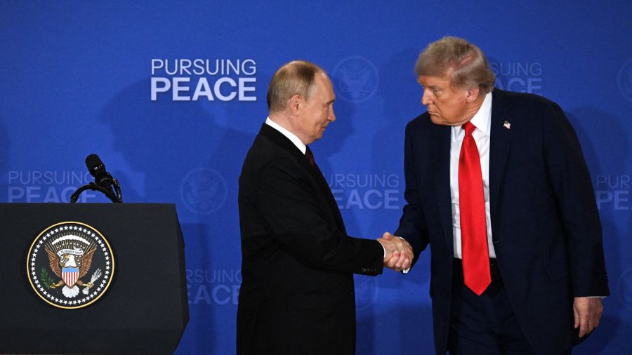 Photogallery United States President Donald Trump and Russian President Vladimir Putin shake hands at the end of a joint press conference after participating in the summit between the United States and Russia
