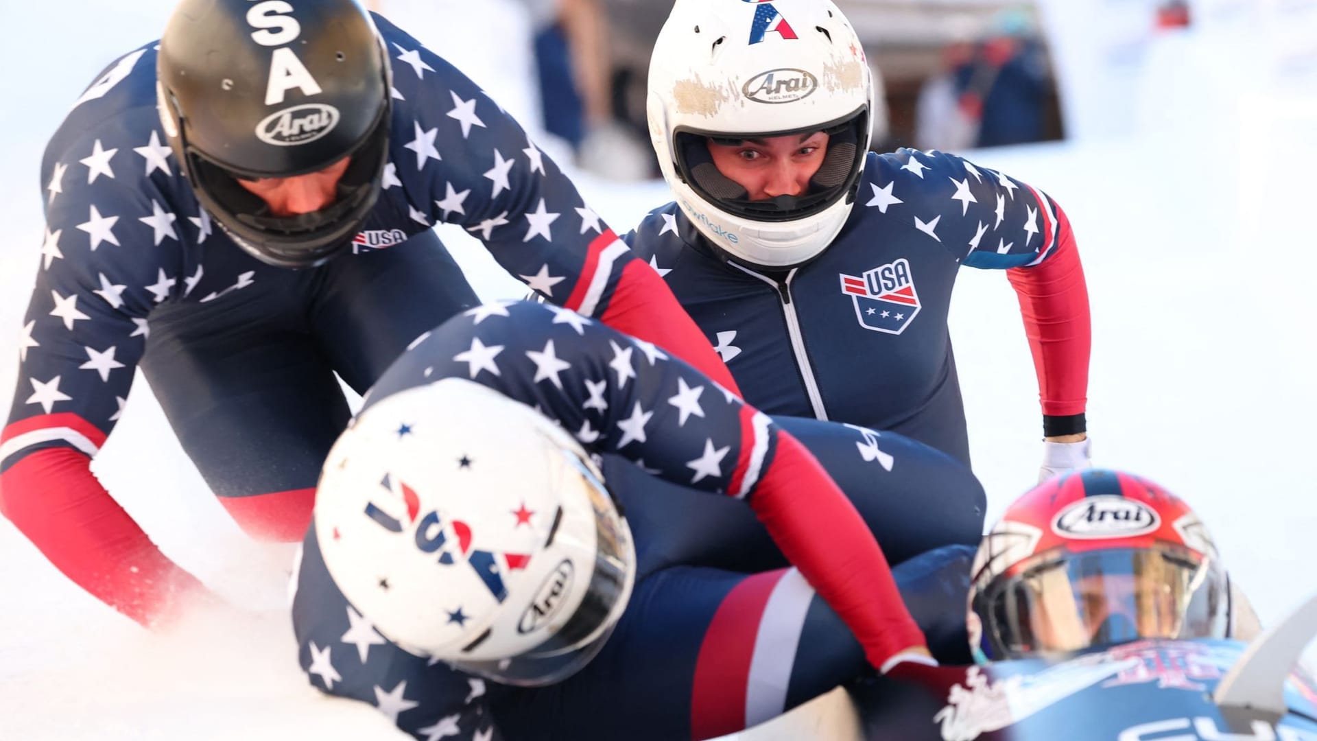 World Championships in St. Moritz: Pilot Kristopher Horn (front), behind him co-pilot Carsten Vissering, brakeman Hunter Powell and pusher Caleb Furnell.