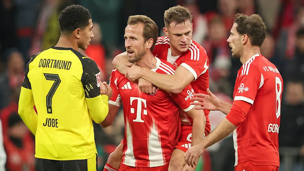 Sind heute in der Champions League gefragt: BVB-Mittelfeldspieler Jobe Bellingham (l./20) und Bayerns Harry Kane (2.v.l./32)