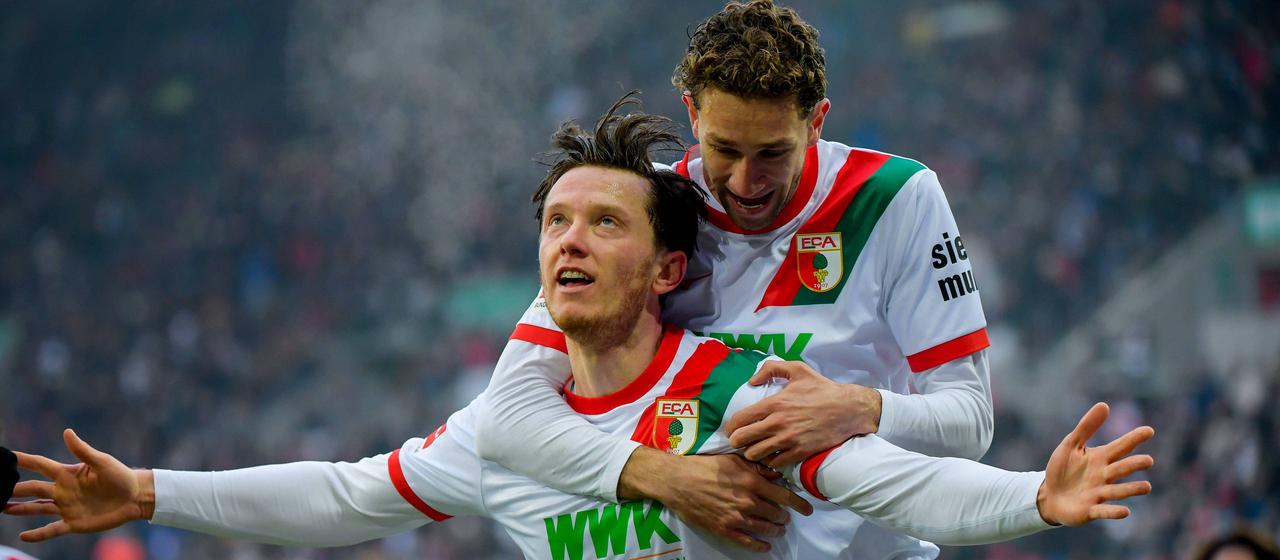 Professional soccer player Michael Gregoritsch (from) celebrates a goal for FC Augsburg against FC St. Pauli