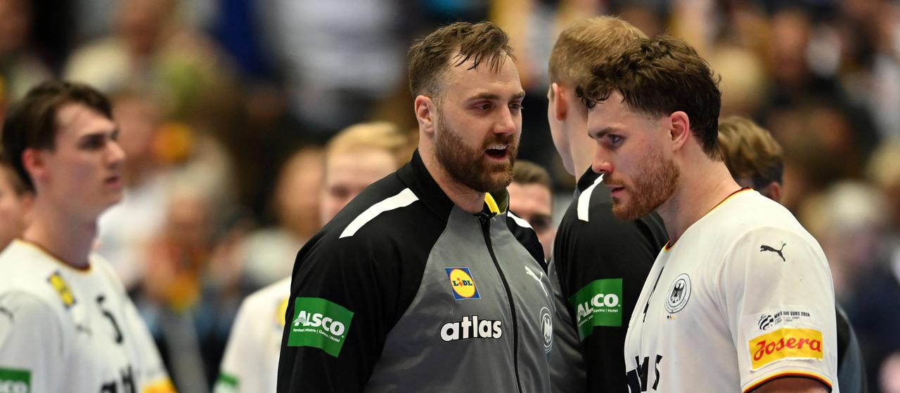 Johannes Golla and Andreas Wolff at the opening game of the 2026 European Handball Championship