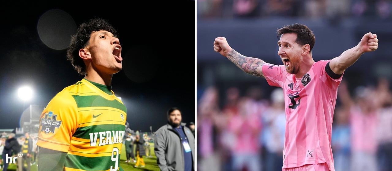 Two photos side by side: on the left, a young footballer in a yellow and green jersey who seems to be shouting loudly; on the right, a footballer in a pink jersey, spreading his arms wide.