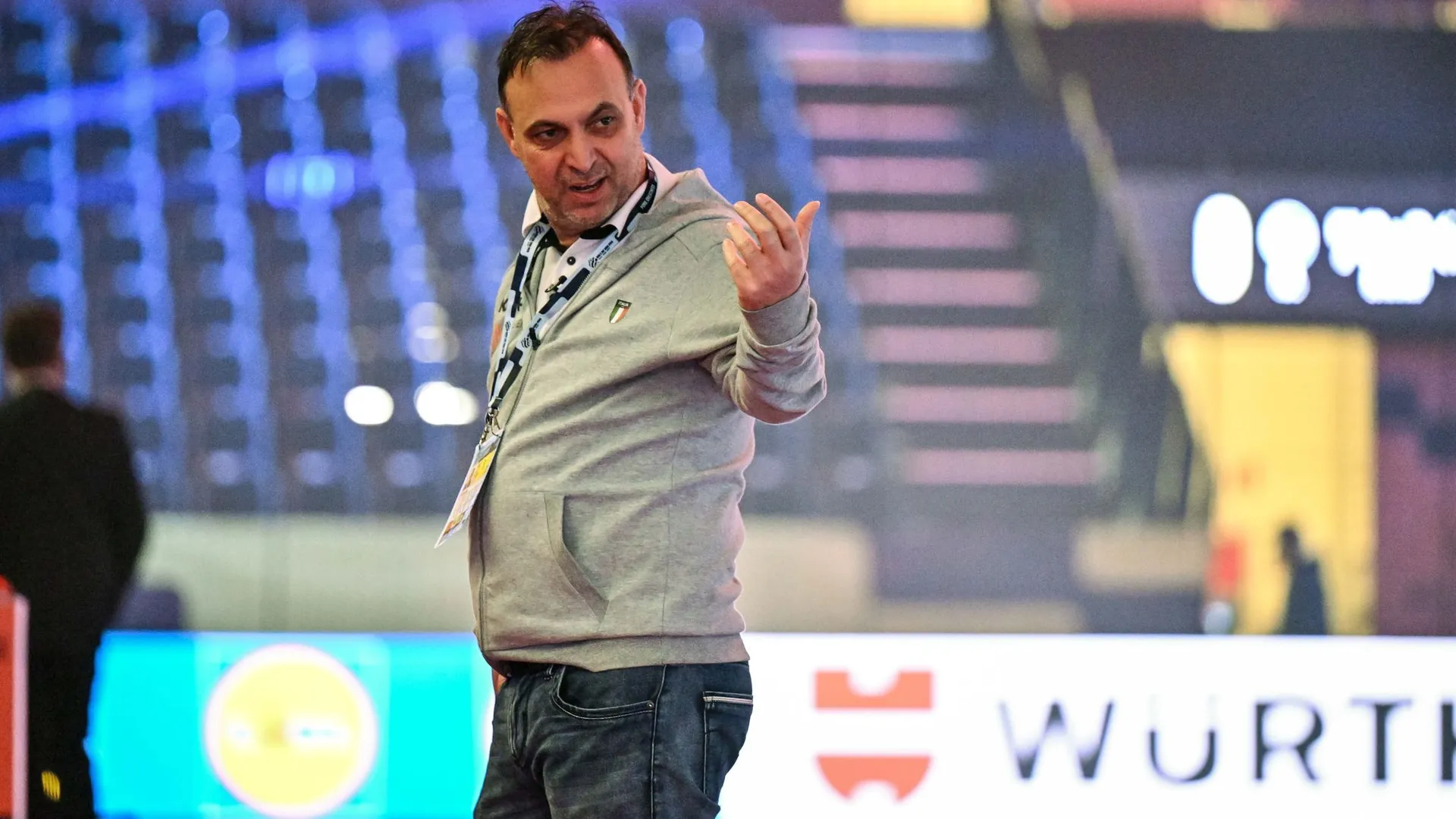 Robert Bob Hanning, head coach of Italy, reacts during the game against Iceland.