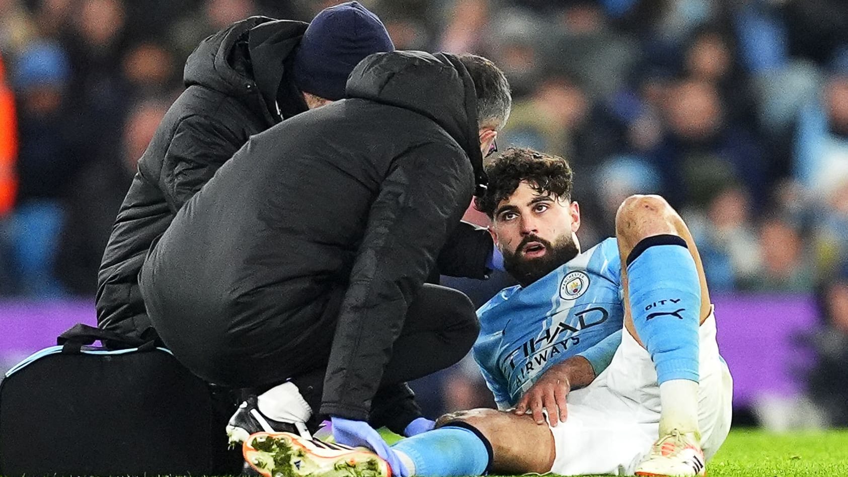 On the ground: Manchester City's Josko Gvardiol had to be substituted in the game against Chelsea.