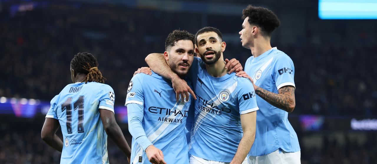 Manchester City's Rayan Cherki celebrates his goal with his teammates