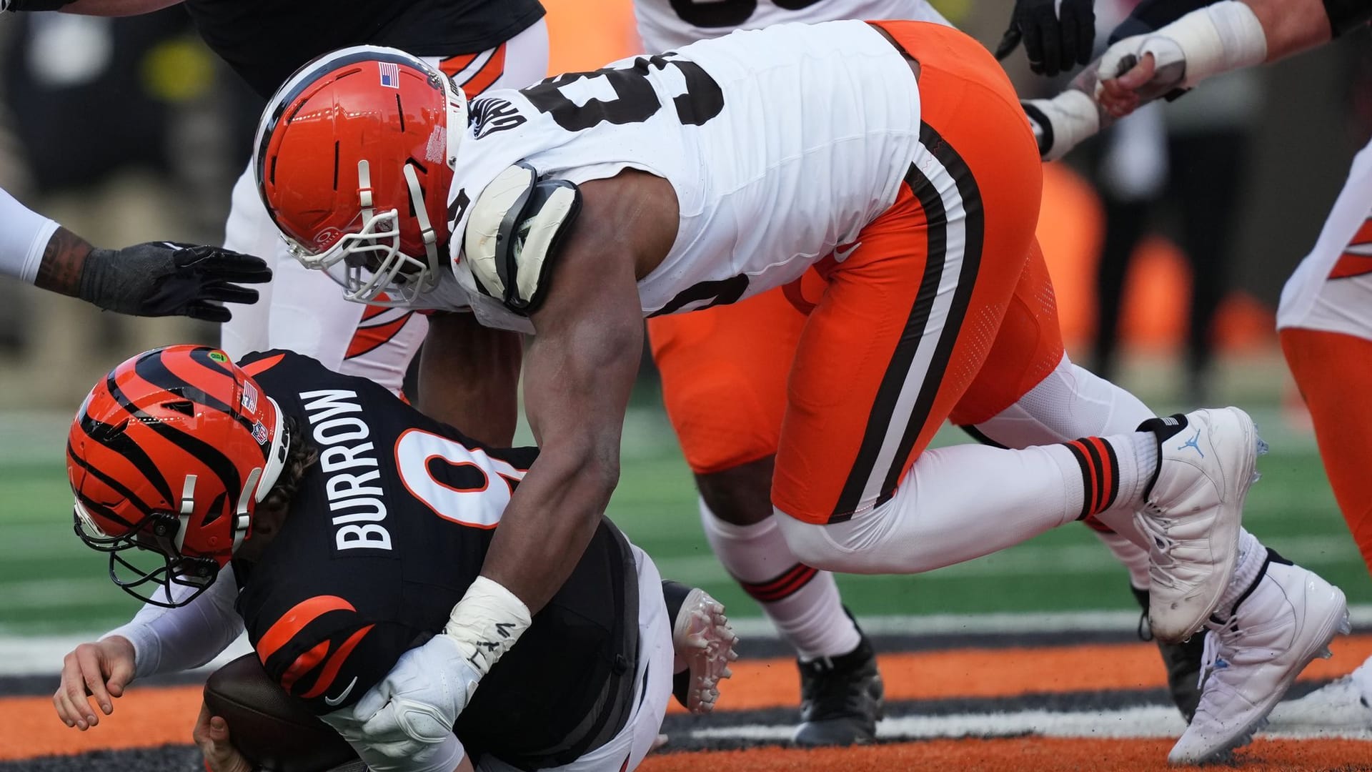 Record: Cleveland's Garrett (above) catches Cincinnati quarterback Joe Burrow.