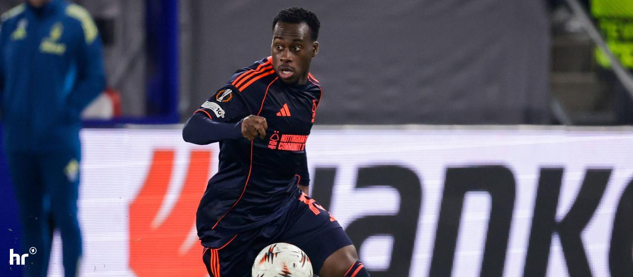 Arnaud Kalimuendo on the ball for Forest in the Europa League in December. 