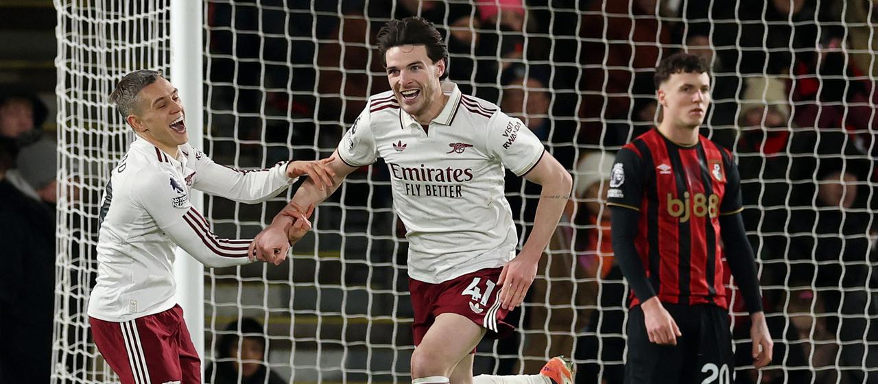Declan Rice (centre) celebrates his goal against Bournemouth