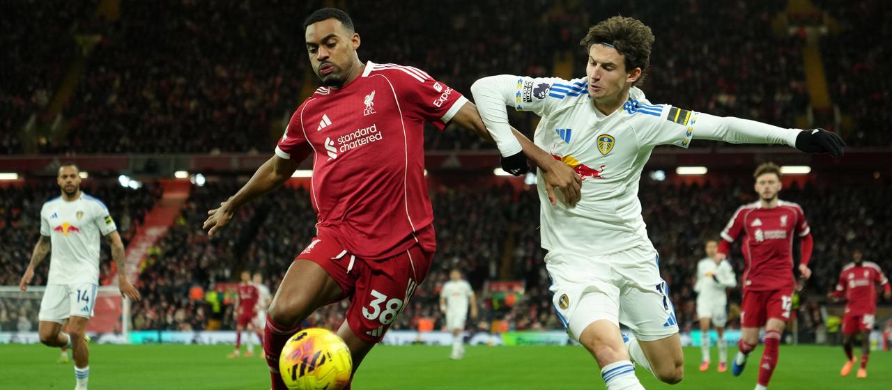 Liverpool's Ryan Gravenberch in a duel with Leeds United's Brenden Aaronson