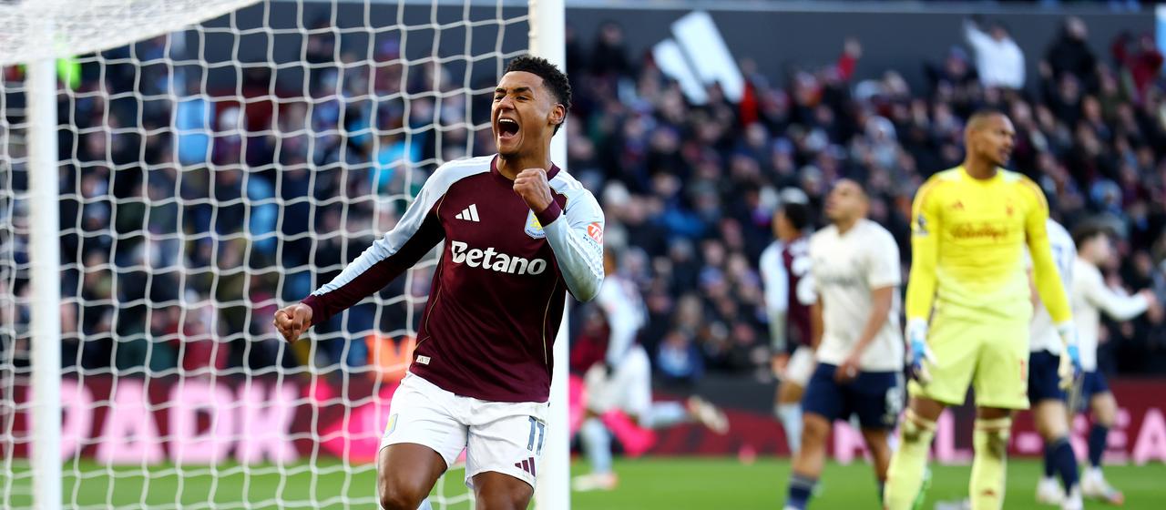 Villa's Ollie Watkins celebrates after his goal to make it 1-0 for Aston Villa