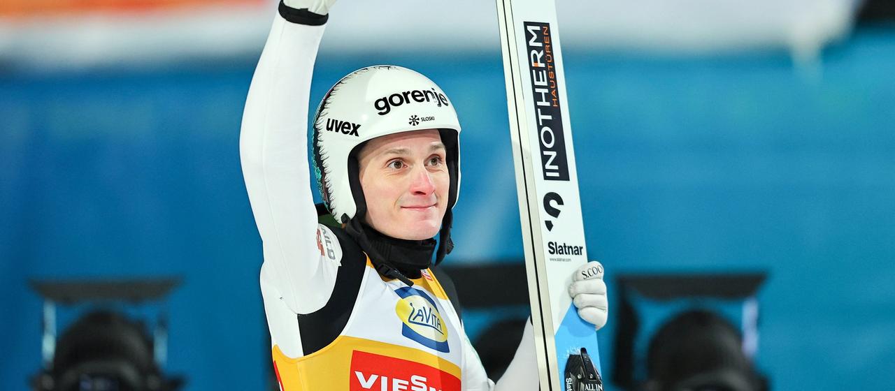 Domen Prevc greets the crowd in Bischofshofen during the Four Hills Tournament