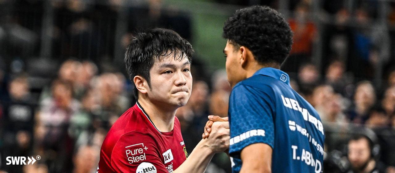 The Chinese table tennis superstar Fan Zhendong from 1. FC Saarbrücken against Tiago Abiodun from TTF Ochsenhausen.