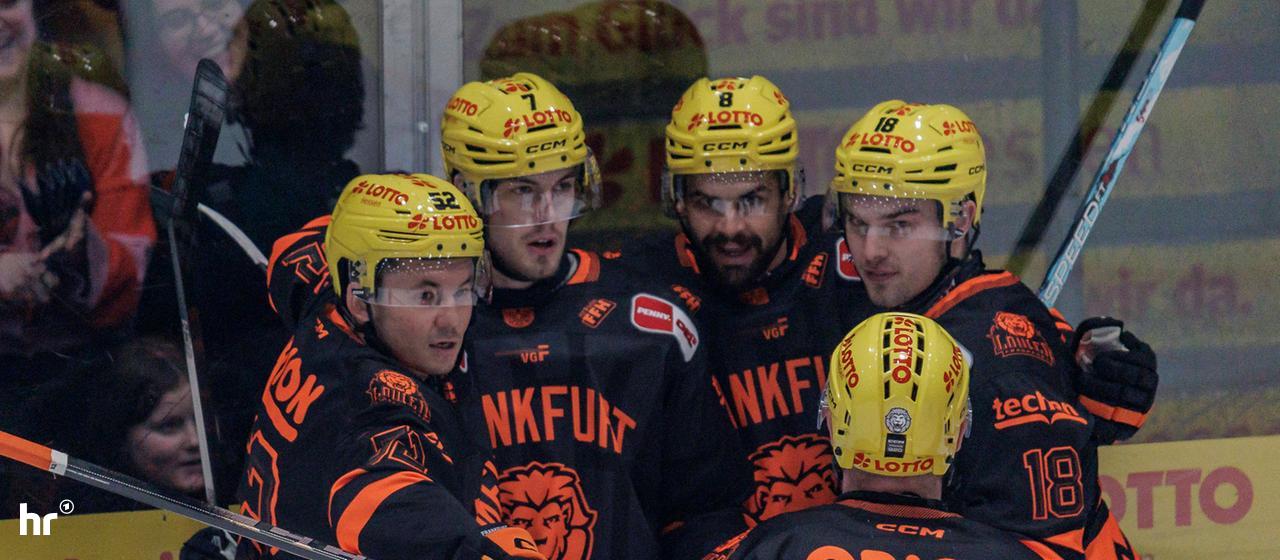The Lions Frankfurt celebrate Ty Glover's goal against Bremerhaven.