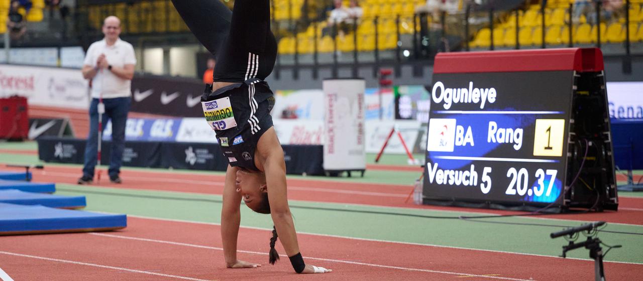 Yemisi Ogunleye celebrates with a cartwheel after a best performance at the indoor DM