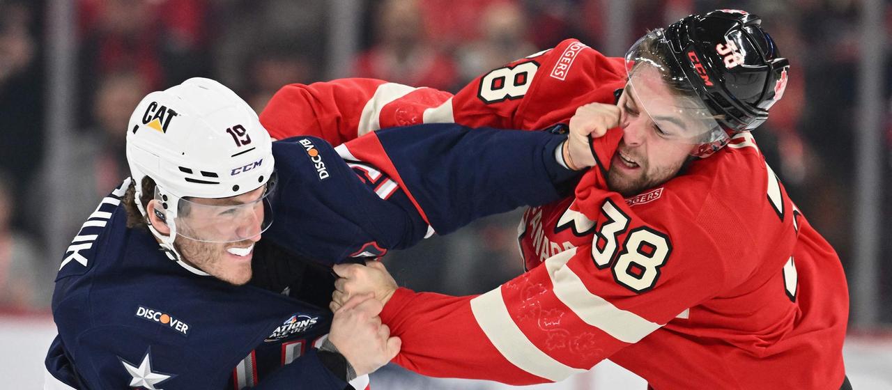 Rivalry on the ice: USA's Matthew Tkachuk battles Canada's Brandon Hagel at the Four Nations Face-Off