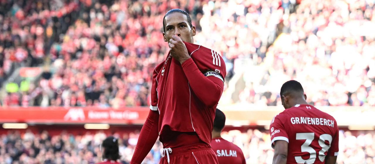 Liverpool's Virgil Van Dijk celebrates his goal