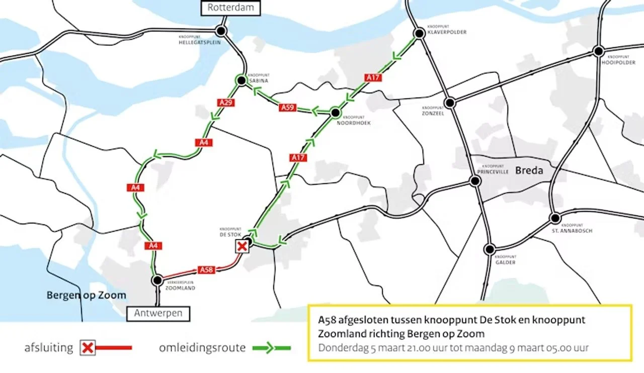 Diversion map at the closure between the De Stok junction and the Zoomland junction from March 5 to 9, 2026 (photo: Rijkswaterstaat).