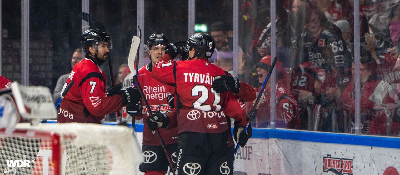 The Kölner Haie players around Oliwer Kaski (l.) and Juhani Tyrvaeinen (number 21) celebrate a goal in the game against Augsburg 