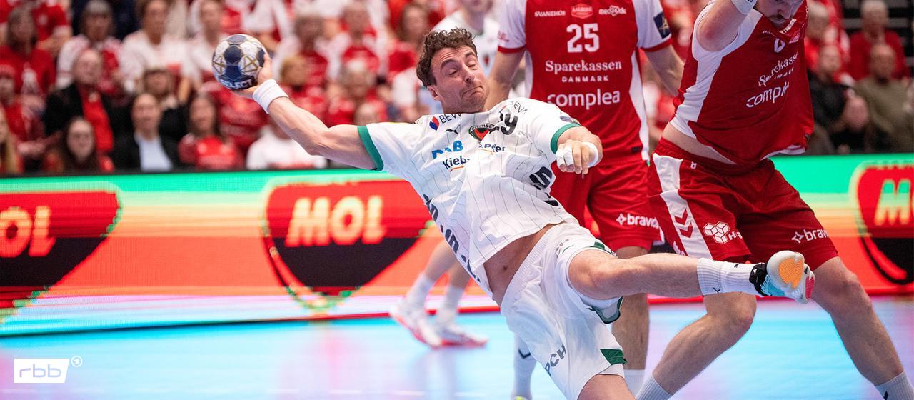 Lukas Herburger, Füchse Berlin player, against Aalborg. (Photo: IMAGO / Ritzau Scanpix)