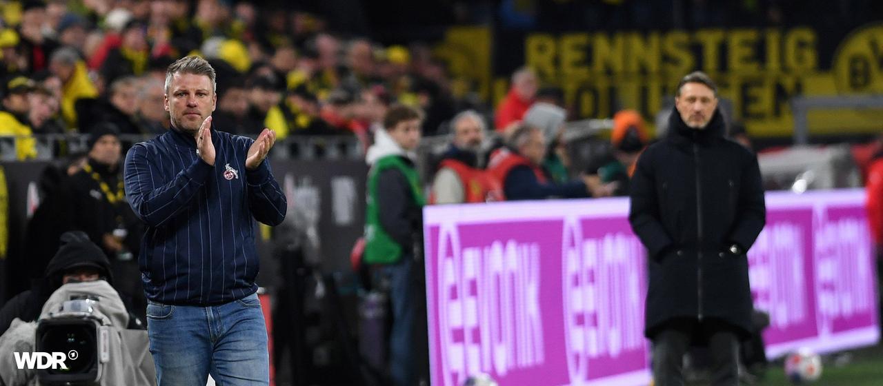Lukas Kwansiok (l.), coach of 1. FC Köln and Niko Kovac, coach of Borussia Dortmund.