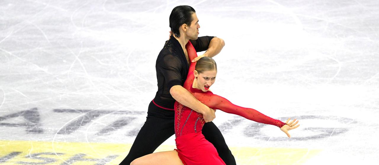 Minerva Hase and Nikita Volodin during their short program at the World Figure Skating Championships