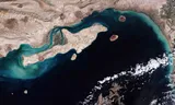 Satellite photo of the Strait of Hormuz, containing the Iranian island of Qeshm.  