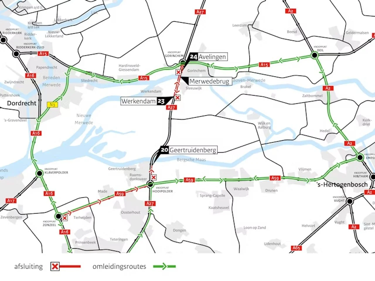 Diversion map at the closures between Hooipolder and Gorinchem from March 6 to 9, 2026 (photo: Rijkswaterstaat).