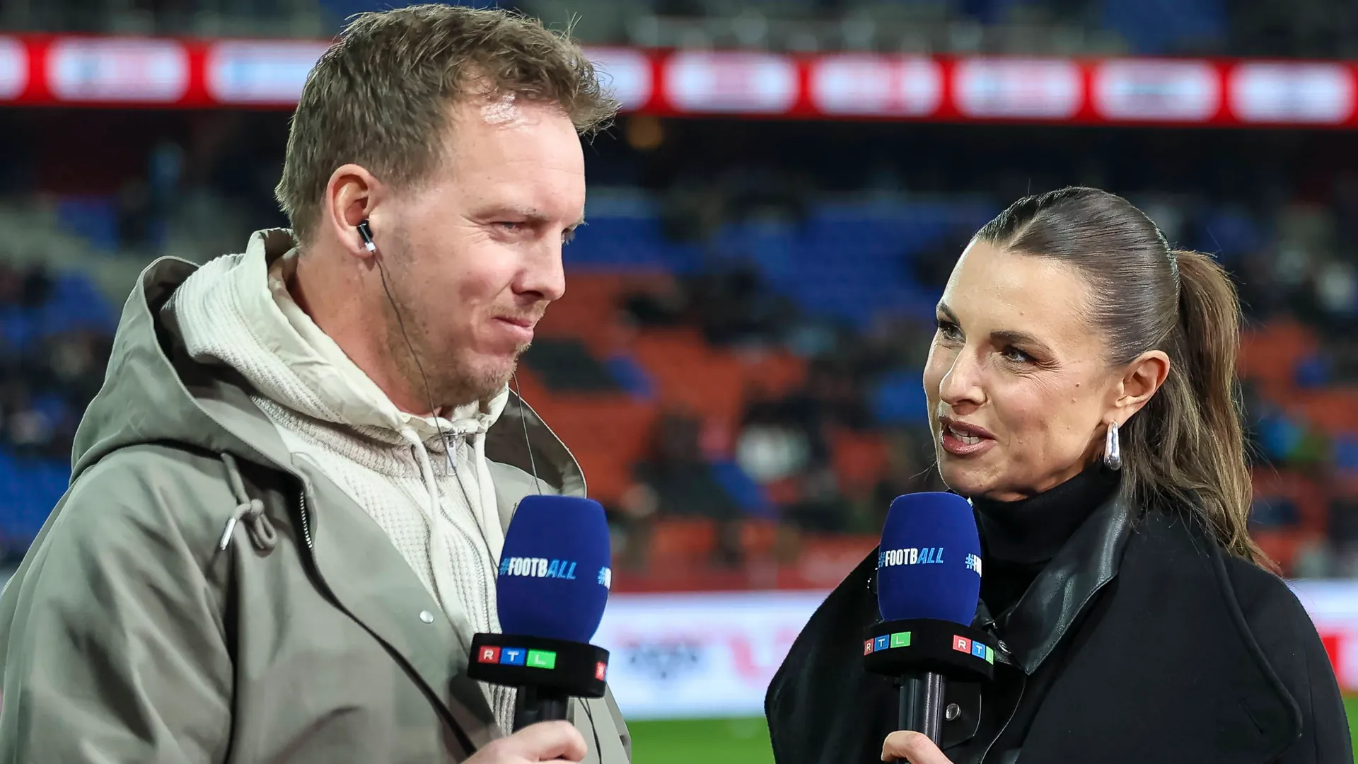 Before the game: Julian Nagelsmann in an interview with RTL presenter Laura Wontorra. Before the game: Julian Nagelsmann in an interview with RTL presenter Laura Wontorra.