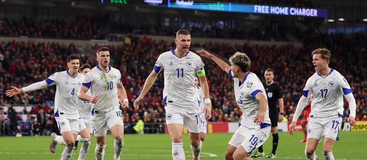 Edin Dzeko celebrates his goal with his teammates