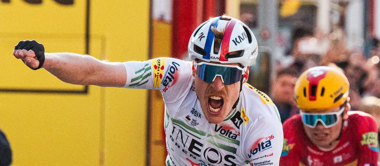 Dorian Godon celebrates his victory in the 3rd stage of the Tour of Catalonia