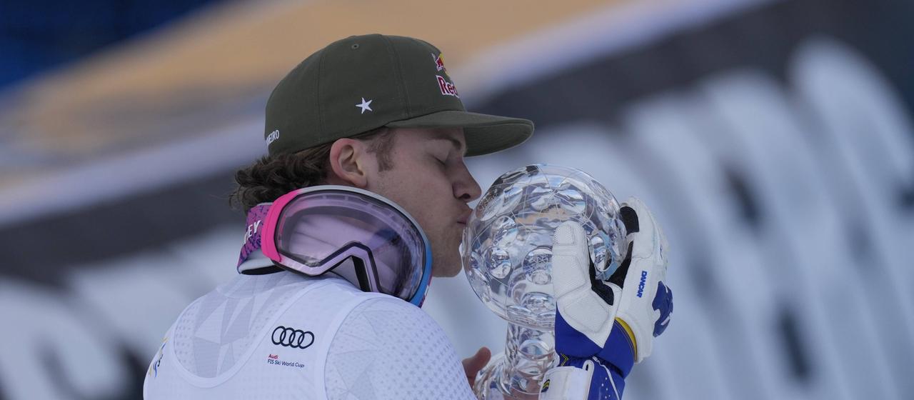 Brazil's Lucas Pinheiro Braathen celebrates his victory of the small crystal ball