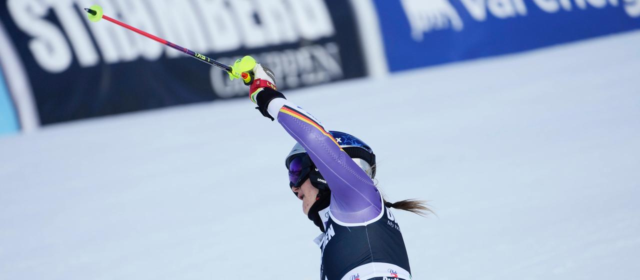 Germany's Emma Aicher celebrates her third place