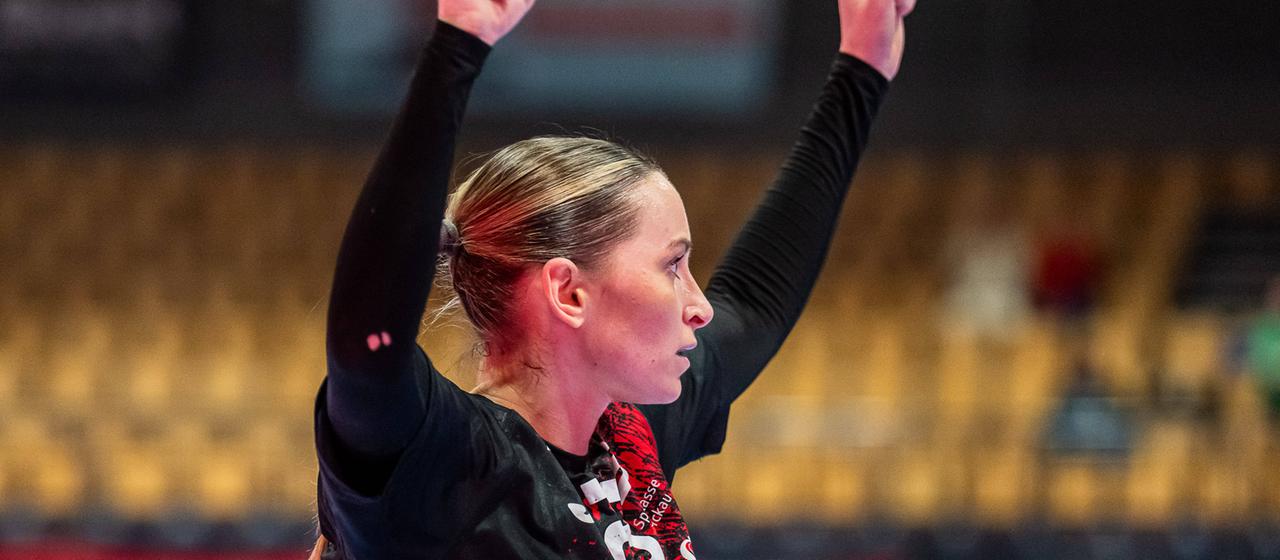 Zwickau's Silje Brons Petersen celebrates after her team scores a goal