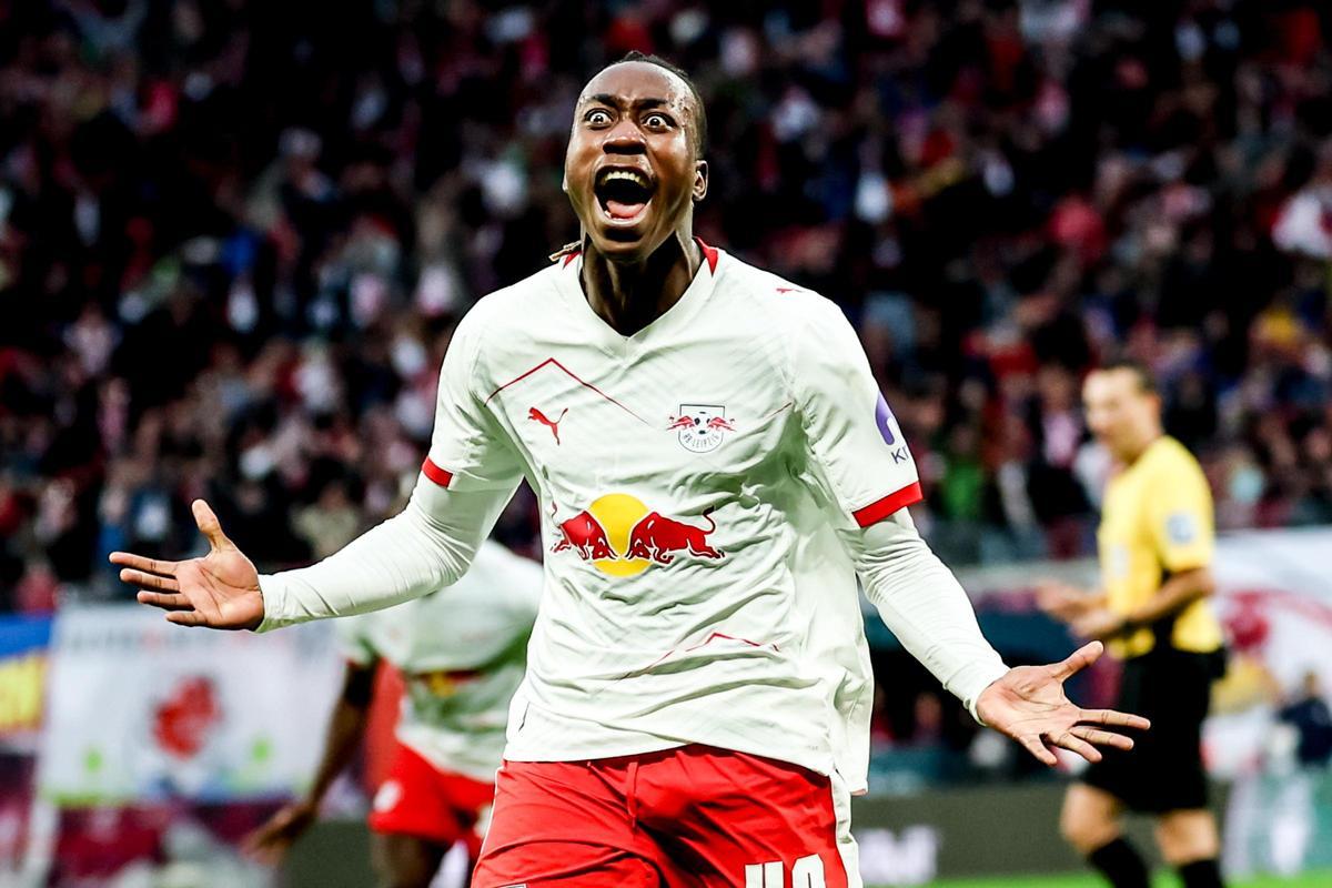 Yan Diomande, RB Leipzig footballer, celebrating a goal