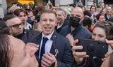 Péter Magyar in March this year at an anti-government protest in Budapest.