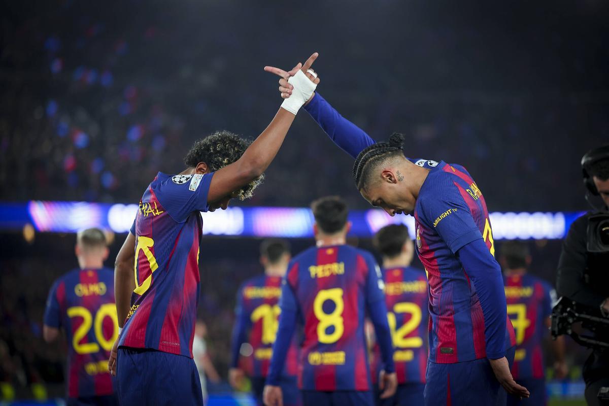 Lamine Yamal and Raphinha celebrate a goal against Newcastle United