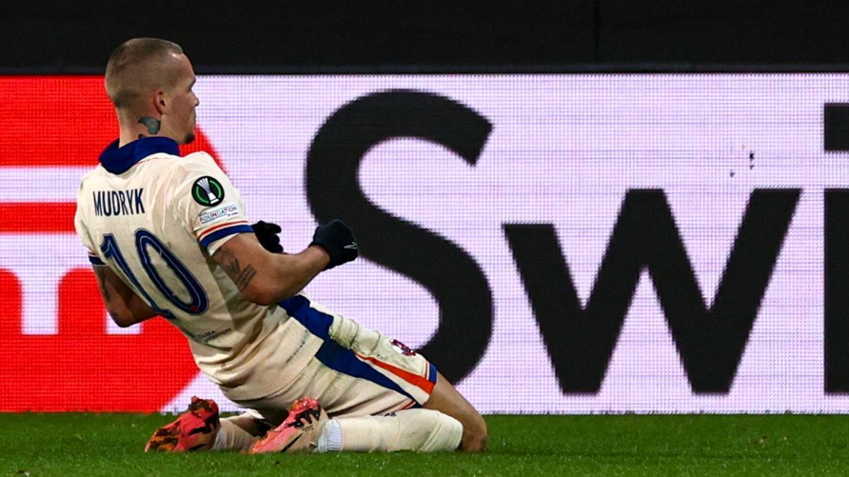 Mykhaylo Mudryk of Chelsea celebrates after scoring 0-2 during the UEFA Europa Conference League match between FC Heidenheim and FC Chelsea in Germany