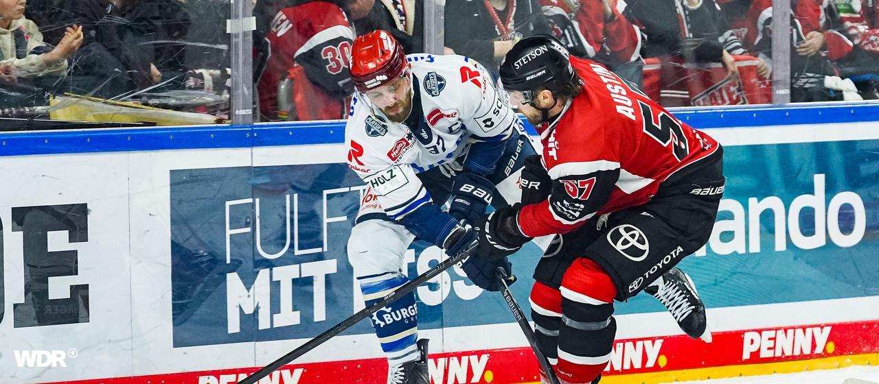 Brady Austin (right) from the Kölner Haien in a duel with Thomas Larkin from the Schwenninger Wild Wings.