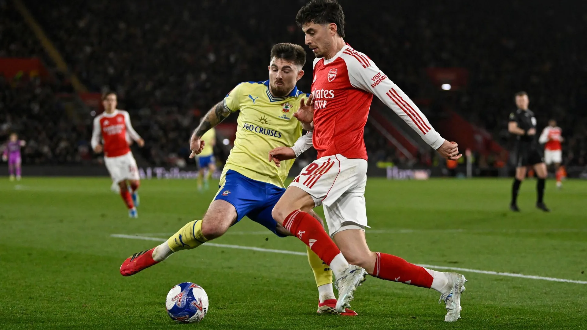 Kai Havertz (r.) in action against Southampton's player Ryan Manning. Kai Havertz (r.) in action against Southampton's player Ryan Manning.