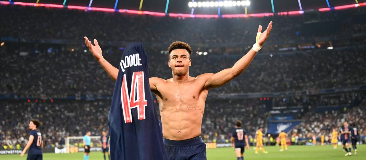 Desire Doue celebrates his goal in the 2025 Champions League final