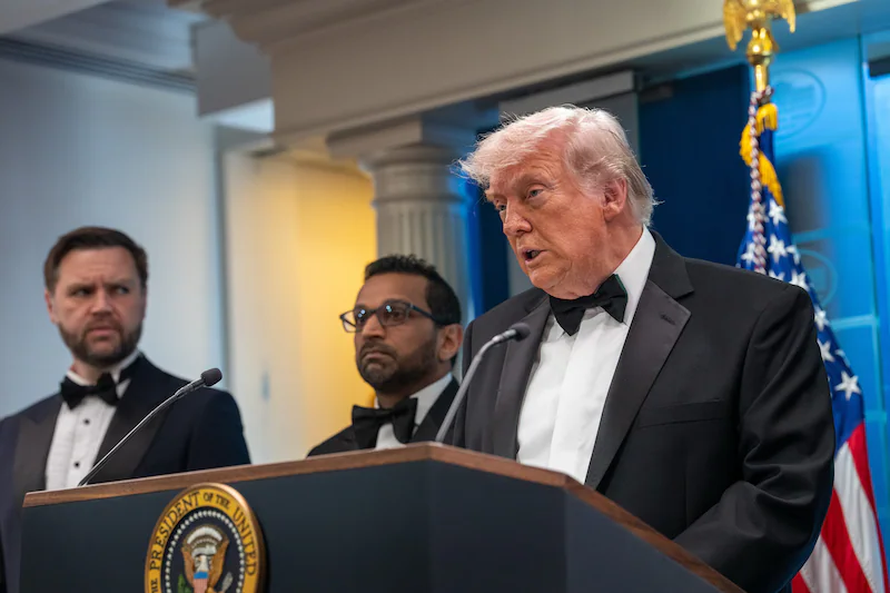 President Trump makes a statement following the cancellation of the White House Correspondents' Association's annual dinner following a shooting at the entrance.