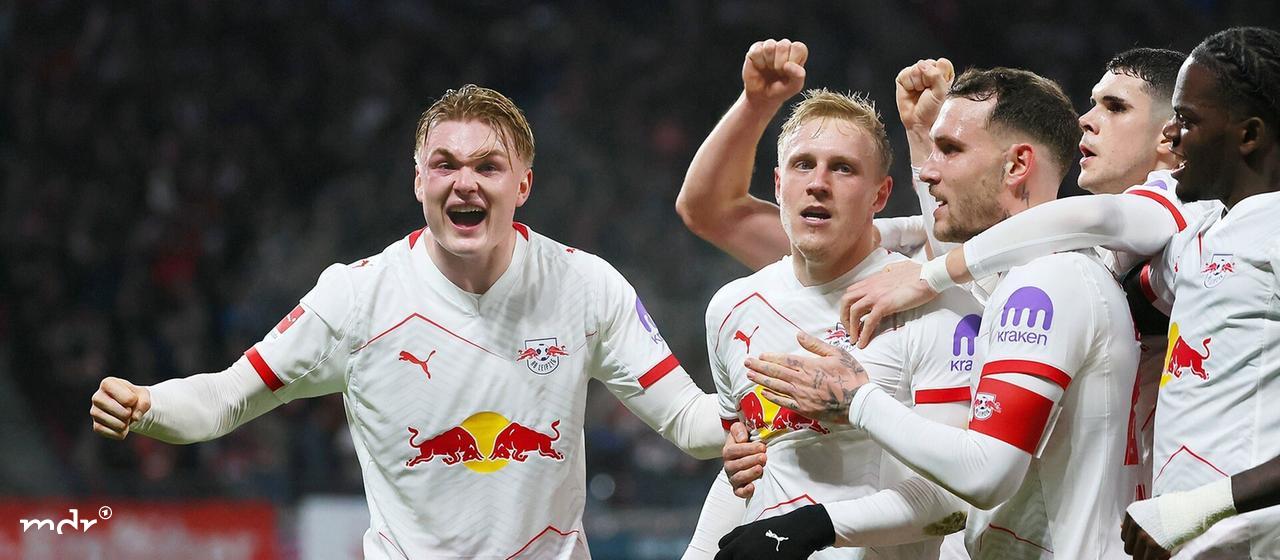 Goal celebration from left: Conrad Harder 11, RB Leipzig, goalscorer Xaver Schlager 24, RB Leipzig, David Raum 22, RB Leipzig and Castello Lukeba 23, RB Leipzig.