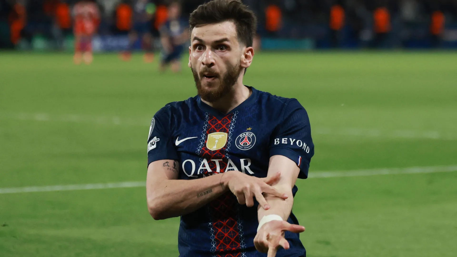 Paris' Khwitscha Kwarazchelia celebrates one of his goals. Paris' Khwitscha Kwarazchelia celebrates one of his goals.
